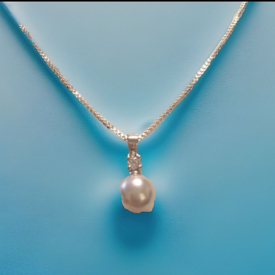 S925 Fresh Water Pearl W/A Diamond Pendant Necklace
